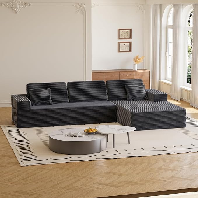 109 L Shaped Cloud Modular Sectional Couch w/Lounge Chaise Plush Corduroy Boneless Couch in a Box Comfy Modern Modular Sectional Sofa for Living Room Bedroom Apartment Corner (Grey Right Facing)