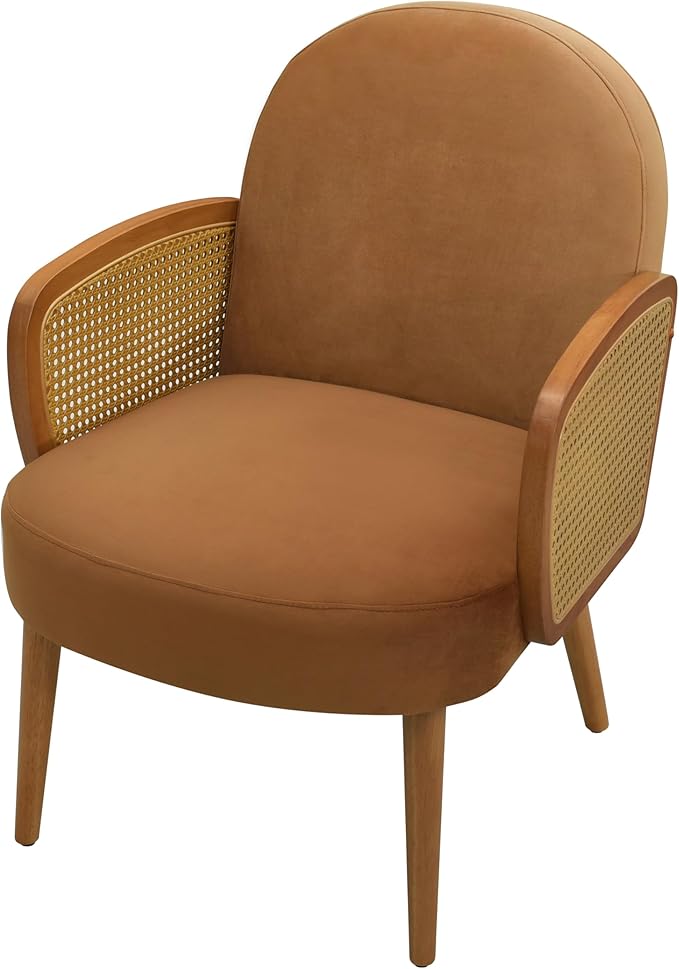 Mid Century Accent Chair with Rattan Armrests Wooden Legs for Living Room Reading Bedroom Balcony Brown