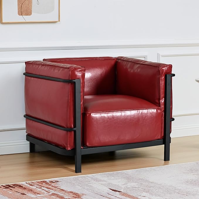 2 Piece Living Room Sofa set Mid-Century Modern Upholstered Couch Chair Faux Leather Sofa Couch with Iron Frame and Upholstered Armrest Backrest Cushion for Living Room Office Apartment (Burgundy)