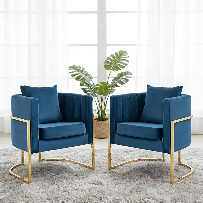 Velvet Modern Living Room Accent Chairs Set of 2 Upholstered Mid-Century Barrel Chairs for Bedroom Side Club Reception Chairs with Gold Metal Legs Blue