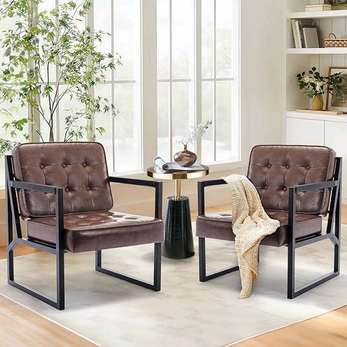 Mid Century Modern Accent Chair Set of 2 Comfy Living Room Chair Brown Leather Accent Chair Faux Leather Reception Armchair with Metal Legs for Living Room Bedroom Reception Office Brown