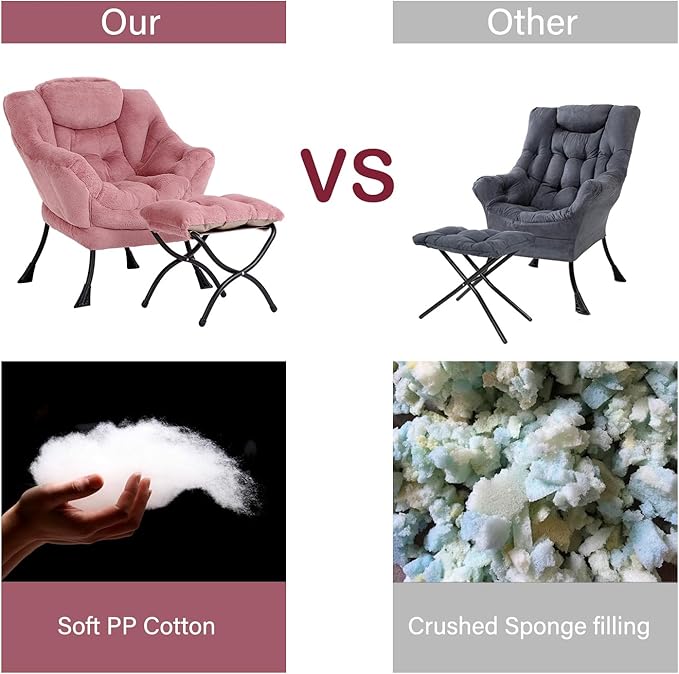 LITA Lazy Chair with Ottoman Modern Accent Leisure Upholstered Sofa Chair Lounge Reading Chairs with Armrests and a Side Pocket for Living Room Bedroom &amp Small Space Plush Dark Pink