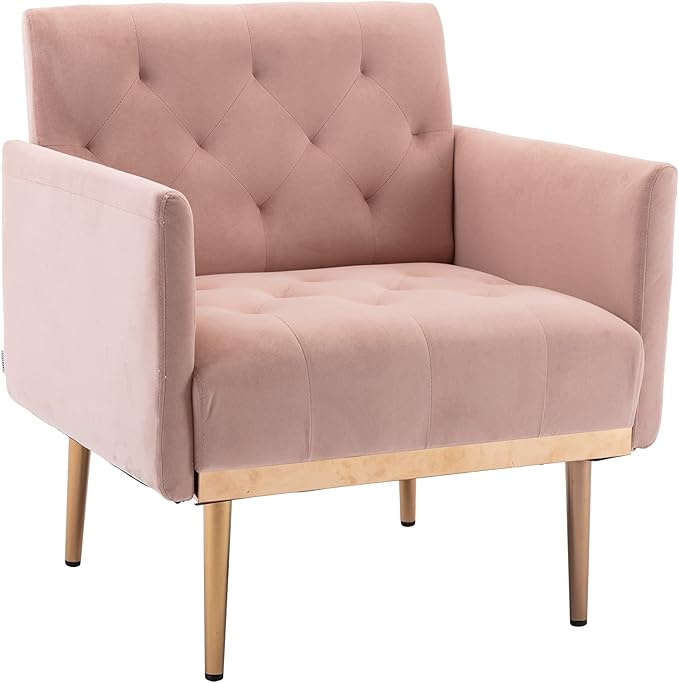 Modern Accent Chair Upholstered Single Sofa Arm Chair for Living Room and Bedroom Upholstered Comfy Armchair Chair with Solid Tapered Metal Legs (Pink)