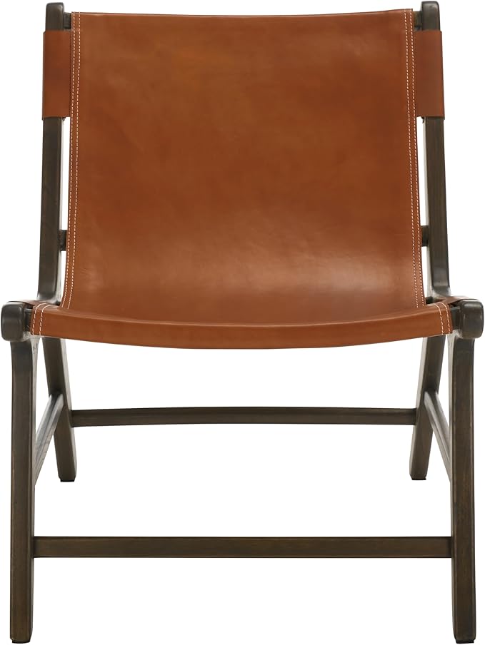 SAFAVIEH Couture Collection - Alanarose Walnut Brown Solid Teak Wood Accent Chair Modern Sling Style Leather Seat Fully Assembled (SFV1903B)