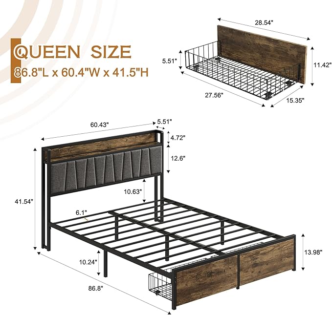 Queen Bed Frame with Storage Drawers and Charging Station Upholstered Headboard Metal Platform Bed with USB Ports No Box Spring Needed Easy Assembly Dark Brown