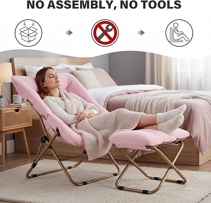 Tiita Folded Chair with Straight Ottoman Soft Faux Fur Oversized Folding Accent ChairLazy Chair Metal Frame Moon Chair for Bedroom Living Room Dorm Rooms Garden and Courtyard Pink