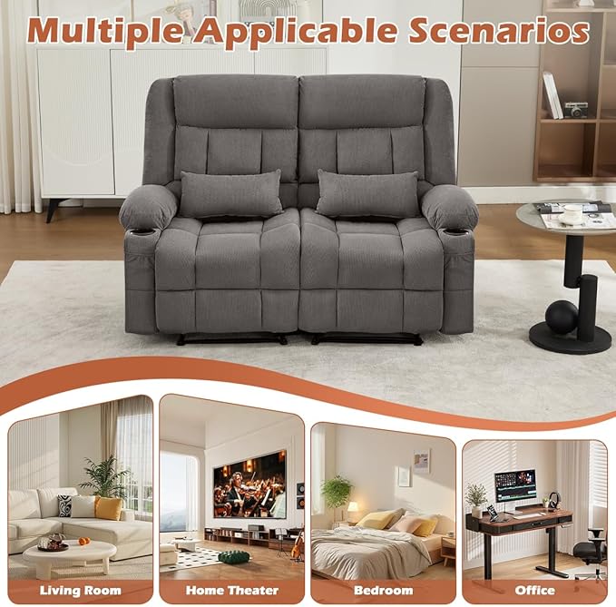 Recliner Loveseat Couch with Cup Holders for Living Room LoveSeat Manual Oversized Recliner with Ergonomic Side Pocket for Adult