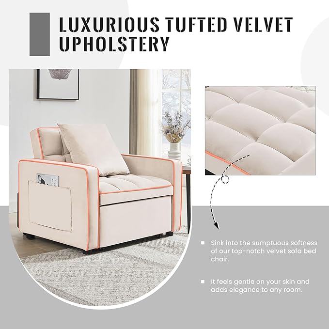 3 in 1 Velvet Sleeper Chair Pull Out Convertible Single Sofa Bed Futon Modern Tufted Chair Bed with Adjustable Backrest Pullout Sleeper Sofa Chair for Bedroom Living Room Indoor Lounge(Beige)