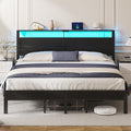 King Size Bed Frame with LED Lights &amp Charging Station Black Metal Platform Bed with Wood Headboard and Sturdy Slats No Box Spring Needed