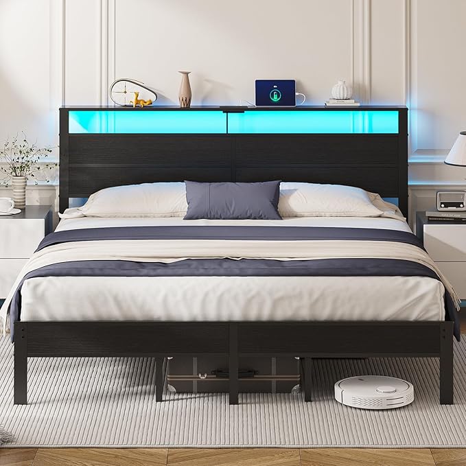 King Size Bed Frame with LED Lights &amp Charging Station Black Metal Platform Bed with Wood Headboard and Sturdy Slats No Box Spring Needed