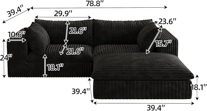 78.7 L Shaped Modular Sectional Sofa Cloud Couch with OttomanPlush Corduroy Couches for ApartmentNo Assembly RequiredBlack