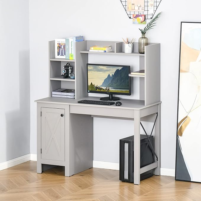 47 Computer Desk with Hutch Farmhouse Office Desk with Storage Cabinet &amp X-Type Steel Bars Design Executive Standing Desk for Home Office Bedrooms - Gray
