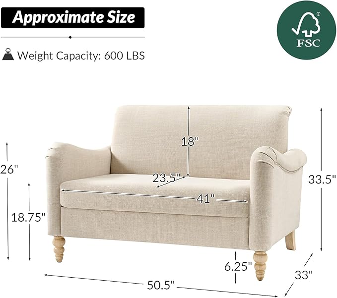 HULALA HOME 50.5 Loveseat Sofa with Solid Wood Spindle Legs 2 Seater Farmhouse Sofa with Rolled Wide Armrests Comfy Upholstered Small Couch for Living Room Bedroom Linen