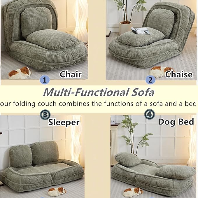 Foldable Lazy Sofa Bed Polyester Upholstered Human Dog Bed for Adults and Pets with 5 Adjustable Backrest Positions and 2 Soft Cushions for Living Room Bedroom Green
