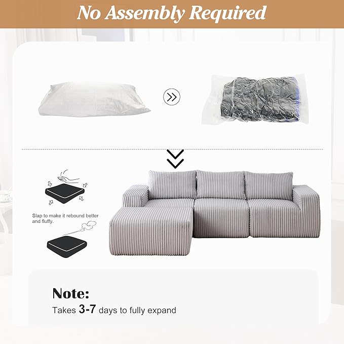 101 Cloud Couch Boneless Modular Sofa Compression Memory Foam Sectional Couches Comfy Corduroy L Shaped Sofas with Chaise Lounge for Living Room No Assembly Required (Light Gray 101in)