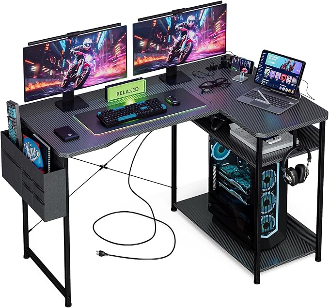 L Shaped Gaming Desk 48 Inch - Computer Corner Desk with Power Outlets Reversible Shelves &amp Storage Bag for Home Office PC Gaming Table Black Carbon