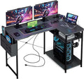 L Shaped Gaming Desk 48 Inch - Computer Corner Desk with Power Outlets Reversible Shelves &amp Storage Bag for Home Office PC Gaming Table Black Carbon