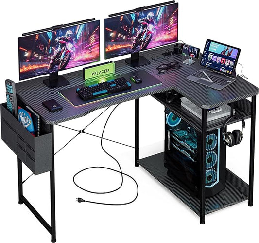 L Shaped Gaming Desk 48 Inch - Computer Corner Desk with Power Outlets Reversible Shelves &amp Storage Bag for Home Office PC Gaming Table Black Carbon
