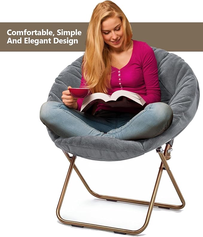 Cozy Saucer Chair Living Room Chair Faux Fur Soft Thick Padded Seat Metal Frame Folding Chair Comfortable Moon Chair for Living Room Bedroom Reading Nook Modern Style 1 Pack Gray