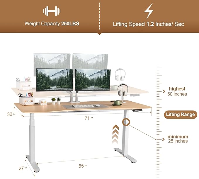 Electric Standing Desk 71 x 32 Inches Dual-Motor Height Adjustable Desk Electric Sit Stand Desk Home Office Desks (71 Natural Maple Ergonomic/3-Stage White Frame)