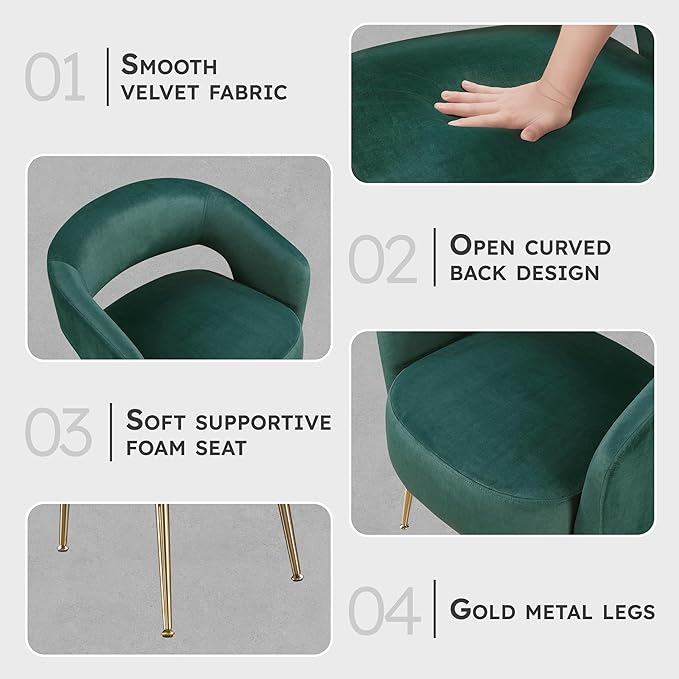 Lexicon Mid-Century Modern Velvet Accent Chair with Open Back Gold Metal Legs Upholstered Curved Barrel Armchair for Living Room/Bedroom/Office Easy Assembly Dark Green