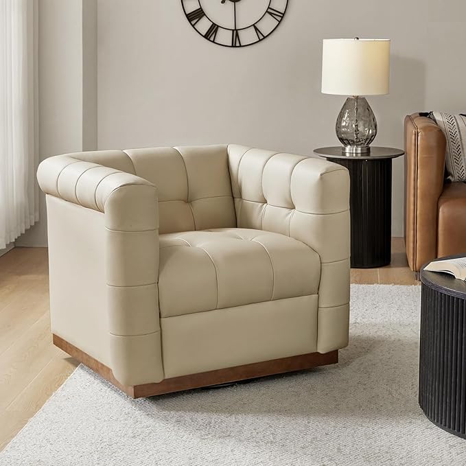 HULALA HOME Genuine Leather Swivel Accent Chair with Wooden Base Mid Century Modern Square Accent Chair for Living Room Bedroom Club Beige