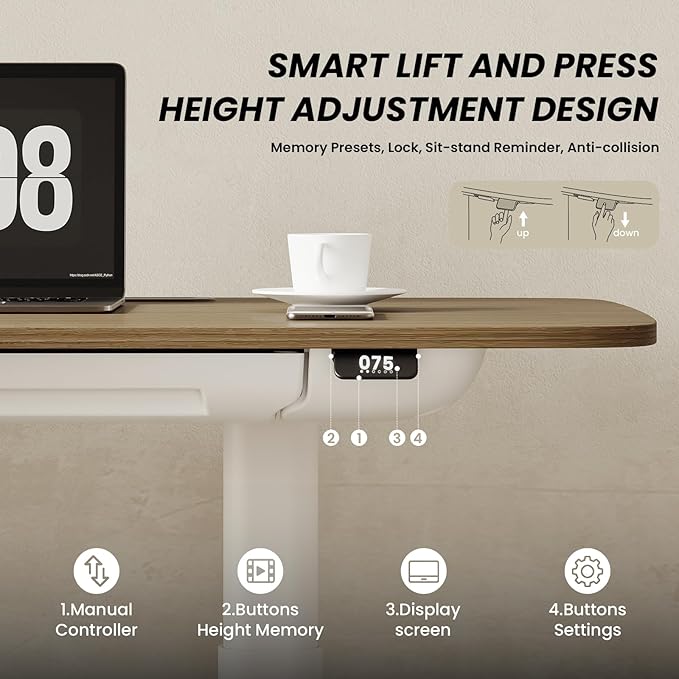 COLAMY Electric Adjustable Standing Desk – 48 x 28 Inch Sit Stand Desk with Drawer &amp Cable Management Dual Motor Lift System Ergonomic Footrest Home Office Table (MFC Desktop Walnut + White)