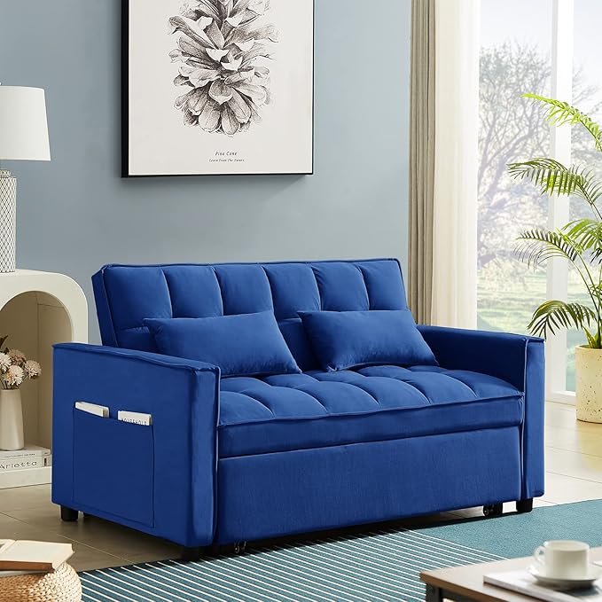 Sleeper Sofa Couch w/Pull Out Bed 55 Modern Velvet Convertible Sleeper Sofa Bed Small Love seat Sofa Bed with 2 Pillows &amp Side Pockets for Small Space Living Room Apartment Blue