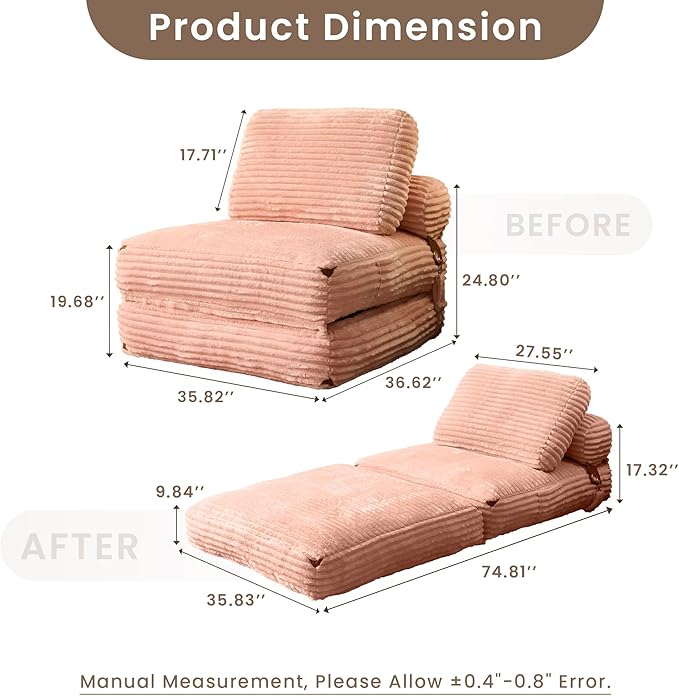 ovios Folding Sofa Bed Foldable Sleeper Chair Floor Futon Comfy Portable Convertible Fold Out Lounge Chairs for Living Room Bedroom Pink