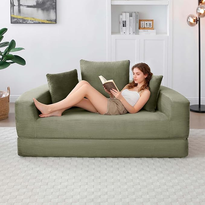 67-inch Convertible Futon Sofa Bed Round Folding Comfy Corduroy Upholstered Couch Bed with 3 Pillows Boneless Floor Lazy Loveseat Sofa for Living Room Apartment Small Spaces Pinstripe Green