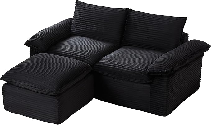 80 Cloud Sectional Couch with L-Shaped Chaise Corduroy Sectional Sofa with Ottoman Boneless Couch with Deep Seat in a Box for Living Room No Assembly Required (Black)