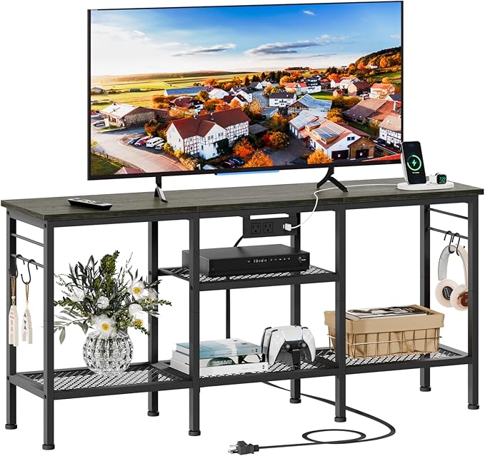 Furologee TV Stand with Power Outlets Entertainment Center with Open Storage Shelves for TVs up to 55 Inch Media Console Table with Soundbar Shelf for Living Room Bedroom Black Oak