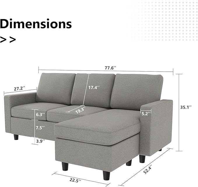 L Shaped CouchReversible Sofa with Linen FabricConvertible Sectional Sofa for Small Space Light Grey