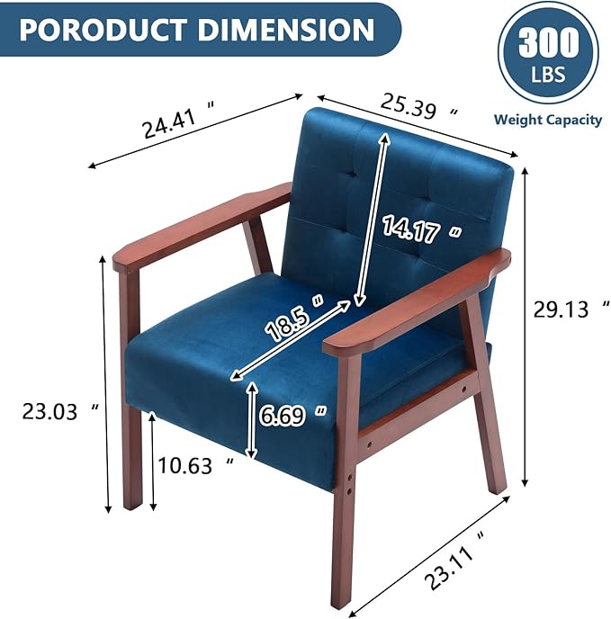 Anwick Mid-Century Accent ChairModern Velvet Living Room Chair with Solid Wood FrameComfy Armchair Lounge Reading Chairs for Bedroom Office Small Spaces (Blue)