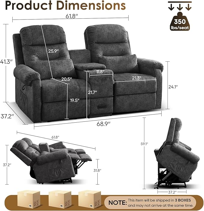 SAMERY Loveseat Recliner Sofa Power Lift Recliner for Elderly with Massage and Heat Electric Reclining Loveseat Sofa Couch with Console Cup Holder Outlets USB Drawer (Gray Lift Loveseat) | Easy