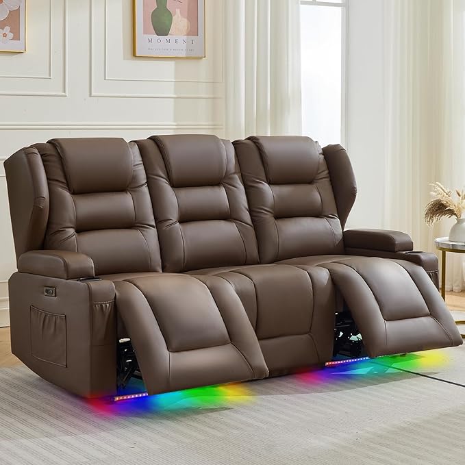3-Seater Power Recliner Sofa Couch Flip Middle Backrest Reclining Sofa Chair for Living Room with Charging Station/Cup Holders/LED Ambient Light