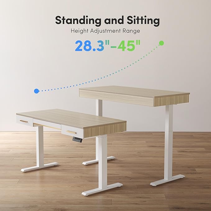 FEZIBO 48 x 26 Inches Electric Standing Desk with 3 Drawers Whole-Piece Mid-Century Modern Sit Stand Up Home Office Desks White Top with White Frame (2 Packages)