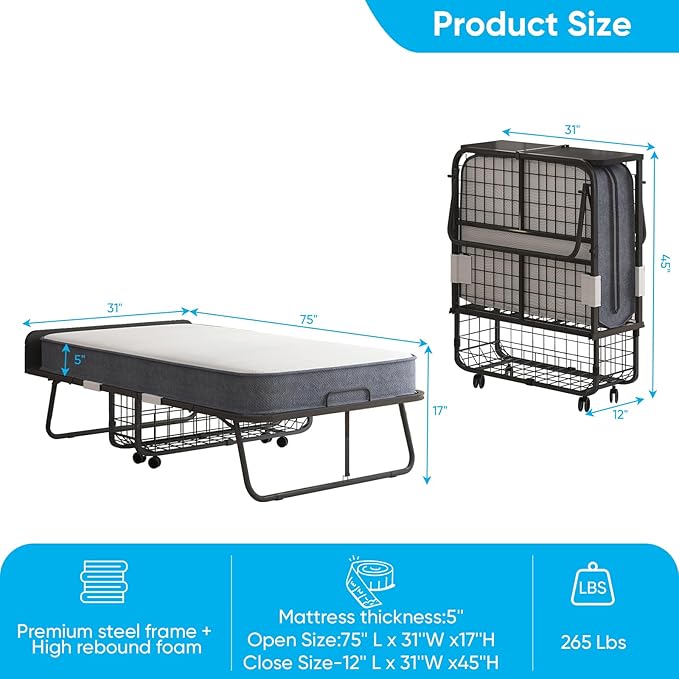 PUREMIND Folding Bed with 5'' Mattress for Adults Rollaway Sofa for Adults with Basket Dustproof Bag &amp Head Baffle Upgrade Single Portable Foldable Bed with Metal Frame &amp Swivel Wheels