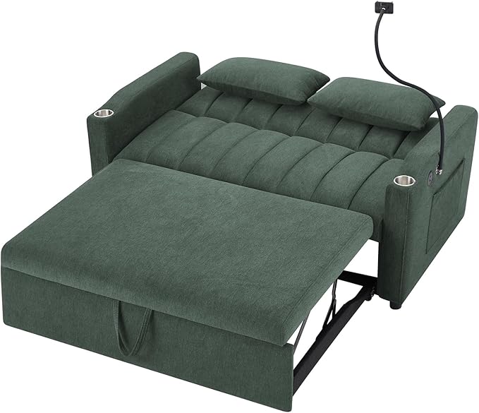 Bellemave 55.9 Convertible Sofa Bed Loveseat 3-Position Recliner to Sleeper with USB Ports Cup Holders 360°Swivel Phone Holder &amp Side Pockets for Small Space Green