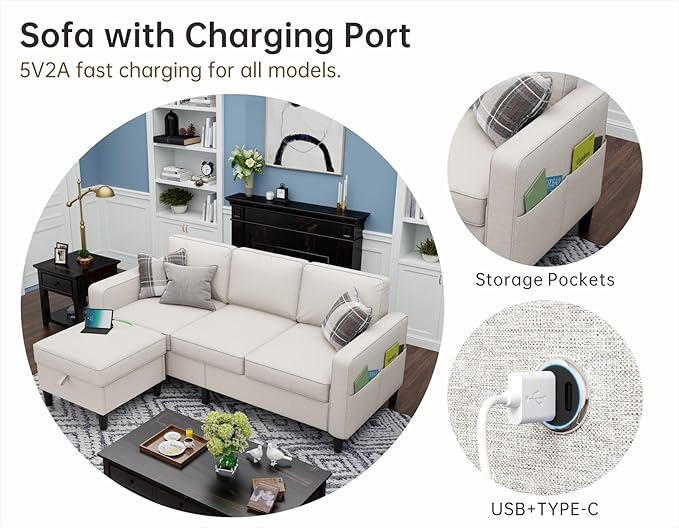 Sectional Couches for Living Room - Convertible 3 Seater L Shaped Couch with Storage Ottoman USB Charging Port - Beige Modern Linen Fabric Sofas Furniture Set for Apartment Loft Studio Small Space | U