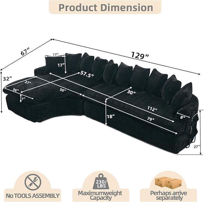 129 Oversized L-Shaped Sectional Couch Corduroy Upholstery Boneless Couch with 10 Pillows Modern Cloud Sofa Black Couches for Living Room Soft Deep Seat Sponge Sofa No Assembly