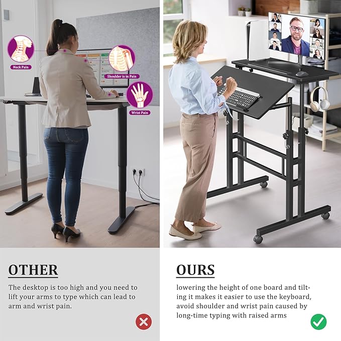 Small Standing Desk with Wheels Tall Mobile Stand Up Table Portable Standing Desk for Walking Pad Rolling Table Adjustable Height Rolling Computer Table for Tall Person