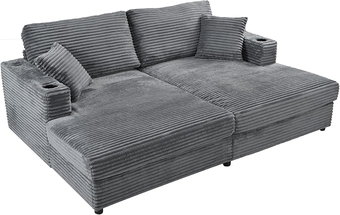 86.5 Oversized Double Chaise Lounge Indoor Corduroy Upholstered Sofa Bed  Deep Seat Lounger Loveseat Recliner Daybed with Dual USB Ports  Two Cup Holders and Throw Pillows for Living Room Bedroom