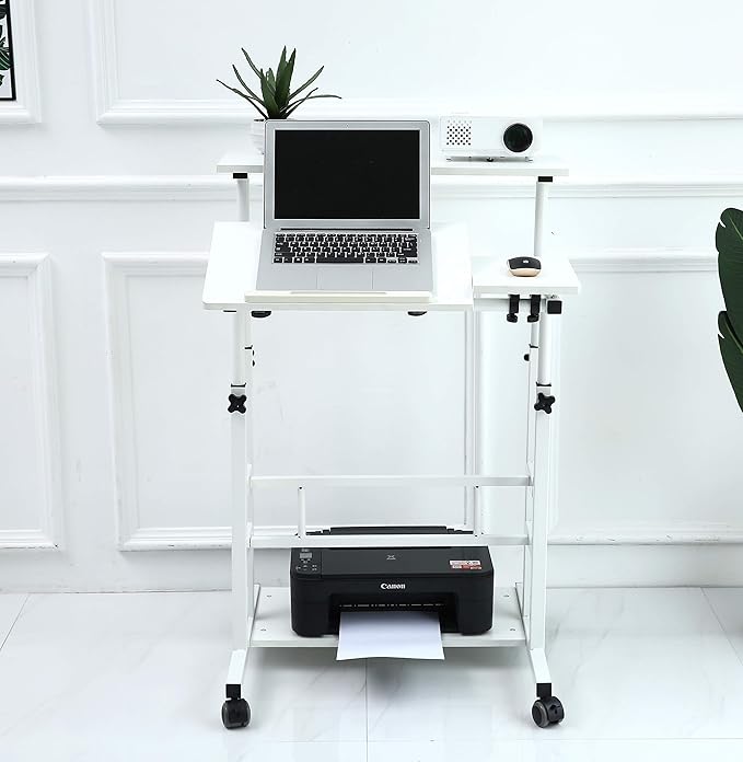 UNICOO Portable Standing Desk on Wheels Height Adjustable Mobile Workstation Versatile Sit-Stand Desk for Home Office (White Frame/White Top)