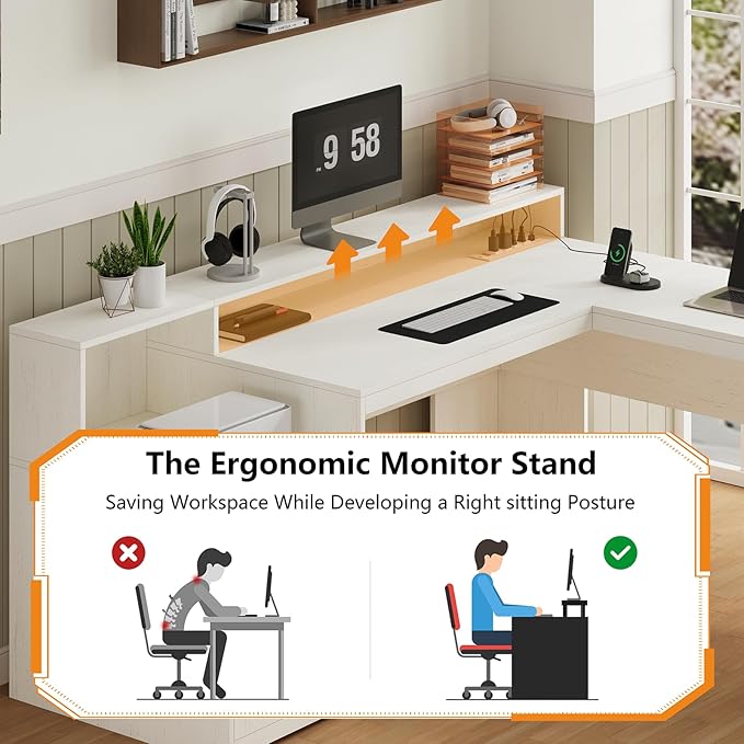 63 Farmhouse L Shaped Executive Desk with Drawers &amp Storage Shelf Corner Computer Desk with Power Outlets L Shaped Office Desk with Monitor Stand Printer Shelf White