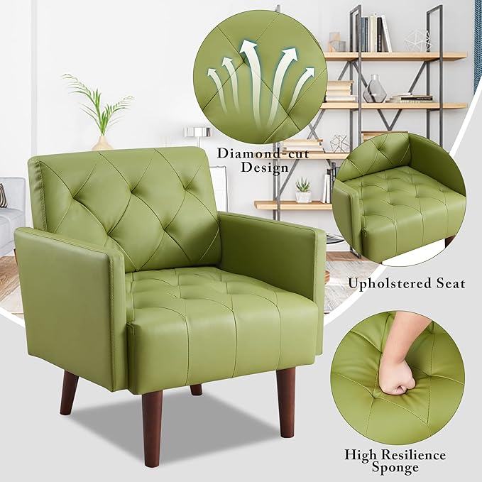 Faux Leather Accent Chair Modern PU Armchair Retro Tufted Upholstered Arm Chair Comfy Leather Club Chair Single Sofa for Living Room Bedroom Reading Room Apartment(Green)