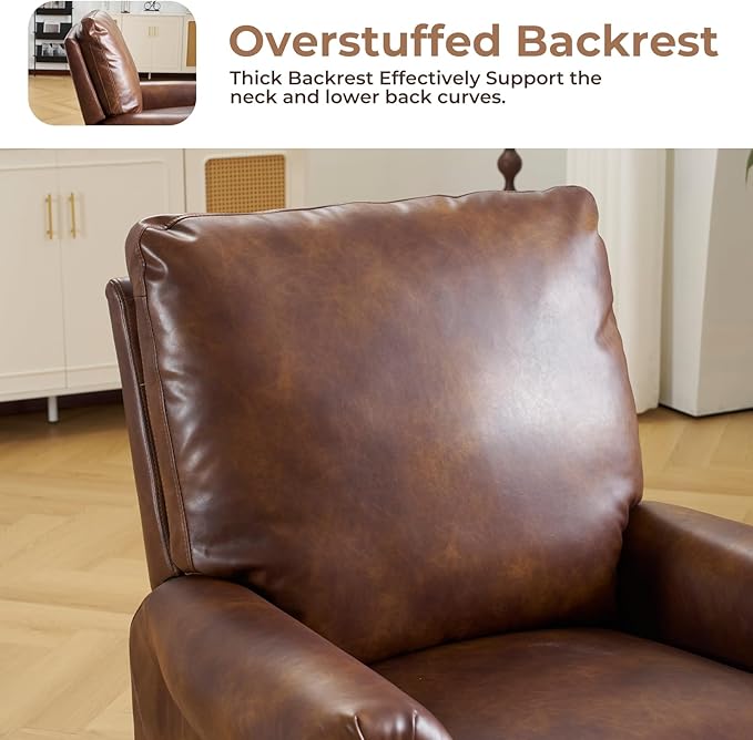 Pushback Recliner Chair with Massage and Heating Breathable Leather Recliner Chair with Overstuffed Backrest and Rivet Decoration Single Sofa Accent Chair for Living Room Light Brown