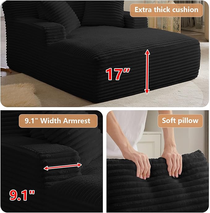 49.2 Oversized Chaise Lounge Chair IndoorCorduroy Boneless Reading Chair with 3 PillowsDeep Seat Cloud Sofa BedComfy Modern Sleeper Chairs in Box for Living Room BedroomNo Assembly(Black)