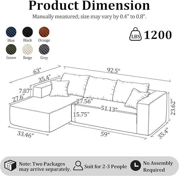 92.5'' L-Shaped Cloud Modular Sectional Sofa Modern Corduroy Memory Foam Couch with Left Facing Chaise Lounge Upholstered Boneless Deep Seat Fluffy Sofa No Assembly Needed for Home Navy Blue