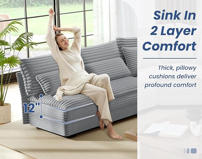 5-Seater Sectional Couch 102 L-Shaped Corner Sofa Oversized Corduroy Cloud Couch with 2-Layer Cushions V Shape Sofa for Living Room Aparment (LightGrey)